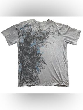 Affliction Haunted Crows AOP T Shirt Men's 2XL Gray Y2K Goth Grunge Vintage Emo